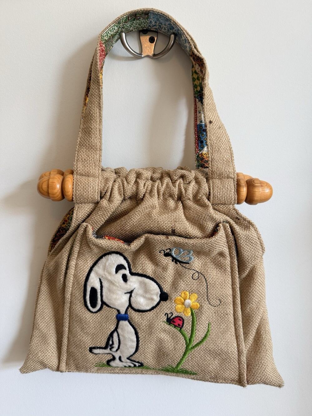 Vintage 70s Peanuts Snoopy Woodstock Burlap Handbag Wood Bead Patchwork Hippie